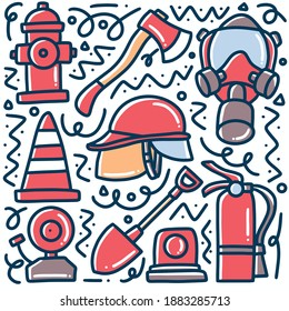 hand drawn firefighters equipment doodle set with icons and design elements