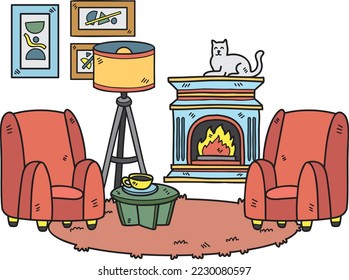 Chimenea de mano con gatos y sofá ilustración interior aislada en el fondo