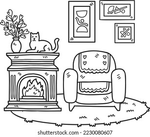 Chimenea de mano con gatos y sofá ilustración interior aislada en el fondo