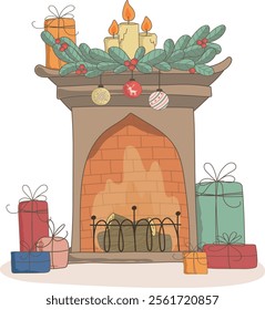 Hand drawn fireplace illustration with presents, gifts and fur tree branches in flat style. Cartoon stylisation for new year and christmas. Colorful vector drawing for cards, flyers and banners