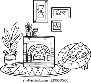 Handgezeichneter Kamin mit Pflanzen und Sofa-Inneneinrichtung einzeln auf Hintergrund