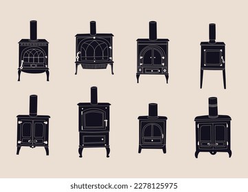 Hand drawn fireplace stove icon set in a doodle style isolated on beige background.