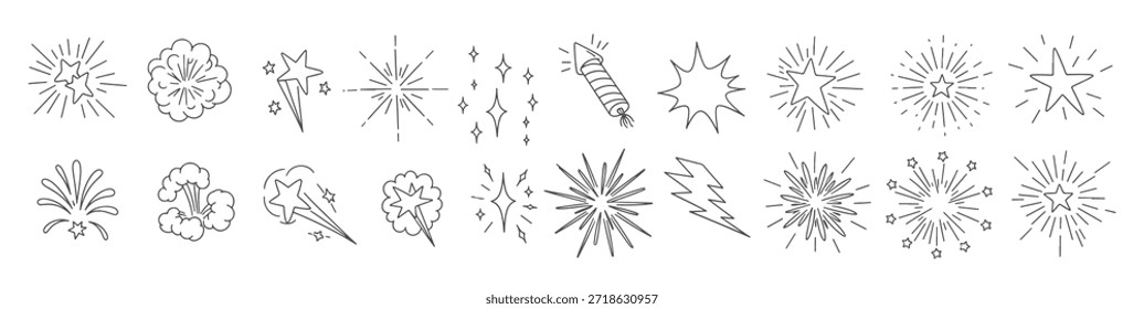 hand drawn firework and sparkle icons collection featuring