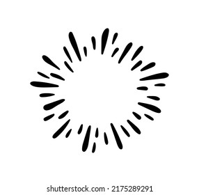 Hand drawn firework. Star burst. Sunburst doodle icon. Hand drawn explosion frame. Sparkle with radial lines. Explosion vintage effect. Vector illustration isolated on white background.