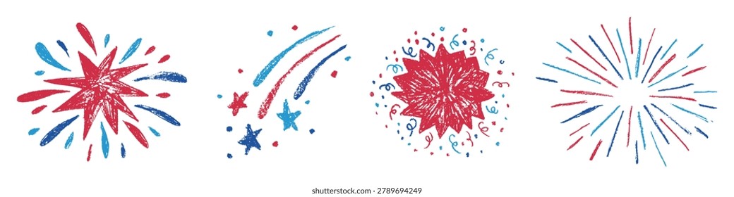 Hand drawn firework and starfall with USA flag colors. America Independence Day fourth of July doodle elements collection
