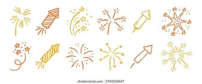 Hand drawn fireworks doodle set celebration line art design. Vector illustration