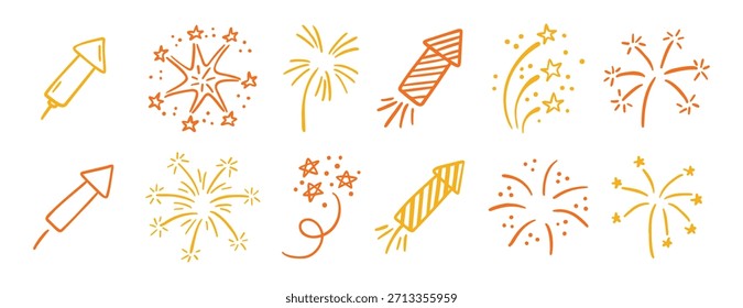 Handgezeichnete Feuerwerk doodle Set Feste Linie Art Design. Vektorgrafik
