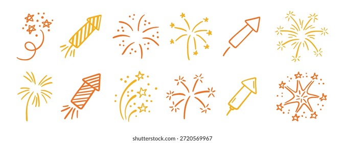 Handgezeichnete Feuerwerk doodle Set Feste Linie Art Design. Vektorgrafik