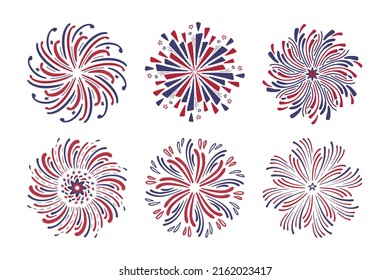 Hand drawn fireworks set, red and blue color of American flag for 4th of July. Festival firework explosions. Design element vector collection isolated on white background