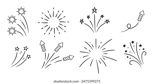 Hand drawn fireworks and stars collection. Doodle sketch. Linear vector explosions set.