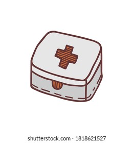 Kit de primeros auxilios dibujado a mano, ilustración vectorial coloreada. Icono de camping independiente, imagen de doodle colorida. Elemento para uso en diseño, embalaje, textil, logotipo.