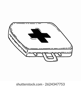Hand drawn first aid kit vector illustration. Doodle Style first aid case illustration Treatment, medicine concept. Vector illustration