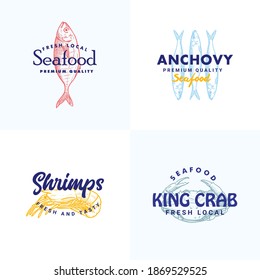 Hand Drawn Fish, Anchovy, Shripms, Crab Illustration Logo Template Collection For Seafood Brand