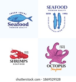 Hand Drawn Fish, Anchovy, Shripms, Octopus, Lobster Illustration Logo Template Collection For Seafood Brand