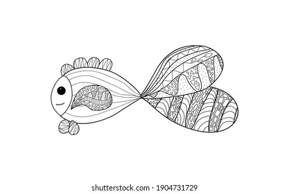 peces dibujados a mano con una gran página de coloración de cola