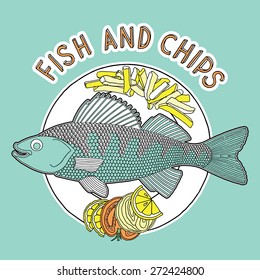 Hand drawn fish, chips and vegetables on a plate