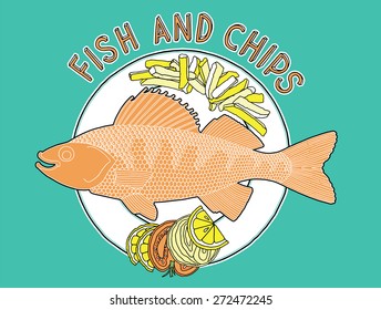 Hand drawn fish, chips and vegetables on a plate