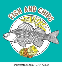 Hand drawn fish, chips and vegetables on a plate