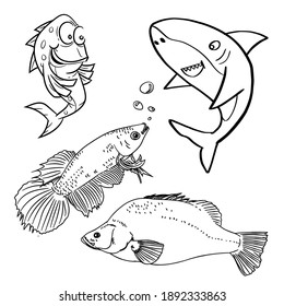 Colección de peces dibujada a mano, página Colorante para niños, ilustración de contorno vectorial con ejemplo de color. Concepto de libro de colorantes - Ilustración vectorial