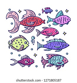 Hand drawn fish collection. Doodle style elements ob white background