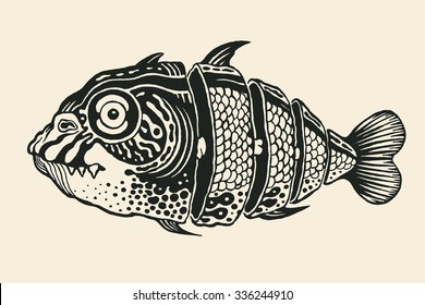 Hand drawn fish cut into slices, design element. vector illustration.