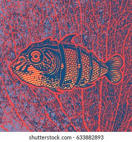 Hand drawn fish cut into slices and abstract background with coral. vector illustration.