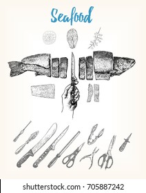 Hand drawn fish cut into slices. Hand with a fish knife. Set of tools for cutting of seafood. Vector collection in vintage engraved style. Templates for design sea shops, restaurants, markets