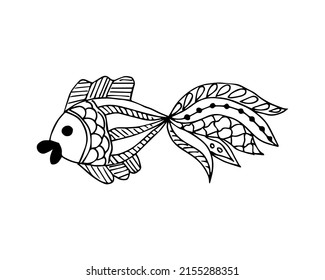 Pescado dibujado a mano en forma de garabato o boceto, elemento único en color blanco y negro