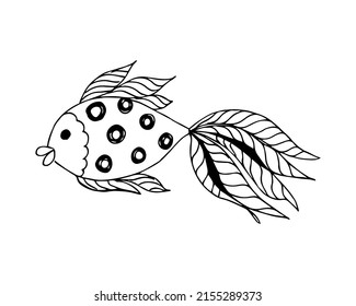 Pescado dibujado a mano en forma de garabato o boceto, elemento único en color blanco y negro