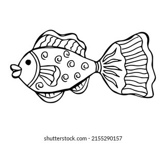 Hand drawn fish in doodle or sketch style, single element in black and white color