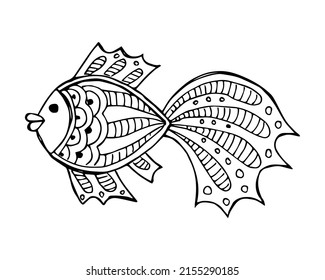 Pescado dibujado a mano en forma de garabato o boceto, elemento único en color blanco y negro