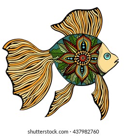 Hand Drawn Fish. doodle vector illustration isolated on white background. Sketch for tattoo or makhenda. Sea food collection.