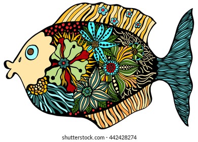 Hand Drawn Fish. doodle vector illustration isolated on white background. Sketch for tattoo or makhenda. Sea food collection.