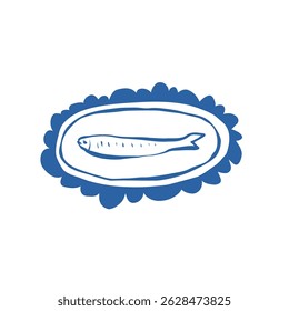 Hand drawn fish in an elegant oval frame with artistic uneven lines on clean white background