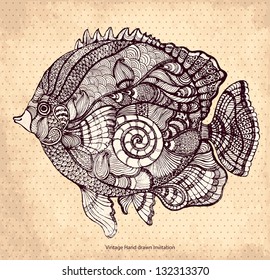 Hand drawn fish with elements of a flower ornament
