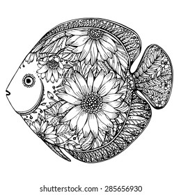 Hand drawn fish with floral elements in black and white style.