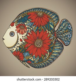 Hand drawn fish with floral elements in black and white style.