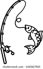 Hand drawn 'fish got caught' vector, clean simple line to illustrate fishing 