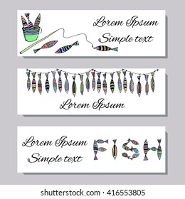 Hand drawn fish horizontal banners. Banner set. Vector illustration in sketch style.