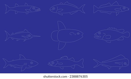 Hand drawn fish icon set collection