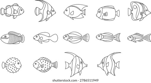 Hand drawn fish illustration collection representing different ocean species