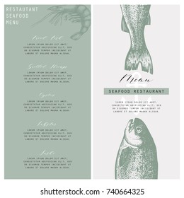 Hand drawn fish illustration. Vector template with hand drawn seafood illustration Vintage card or flyer design with sea food sketch. Restaurant menu.