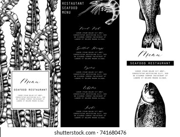 Hand drawn fish illustration. Vector template with hand drawn seafood illustration Vintage card or flyer design with sea food sketch. Restaurant menu.