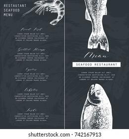 Hand drawn fish illustration. Vector template with hand drawn seafood illustration Vintage card or flyer design with sea food sketch. Restaurant menu on chalkboard
