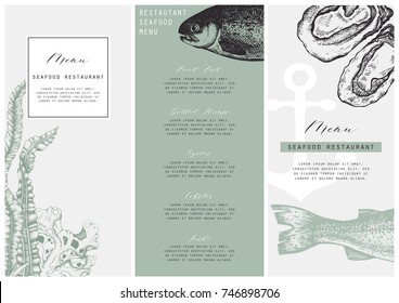 Hand drawn fish illustration. Vector template with hand drawn seafood illustration Vintage card or flyer design with sea food and seaweeds sketch. Restaurant menu.