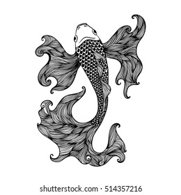 Hand drawn fish Koi carp zentangle and doodle style. symbol of harmony, wisdom. Vector illustration isolated. Spiritual art for tattoo, relaxing coloring books. Beautifully detailed, serene