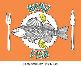 Hand drawn fish and lemon on a plate