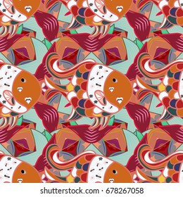 Hand drawn fish. On colored background. Vector illustration. Abstact collection seamless pattern.