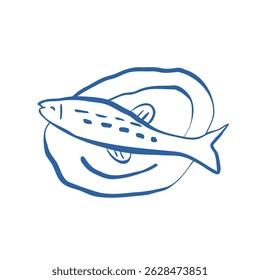 Pescado dibujado a mano en una placa redonda con líneas texturizadas ásperas en estilo minimalista simple