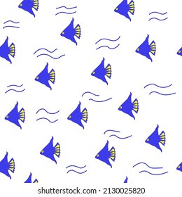 Patrón de peces dibujado a mano. Juego de peces tropicales azules. Patrón sin inconvenientes, vector design eps 10